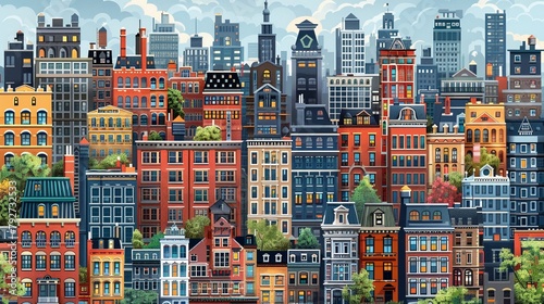 City Collage A 2D cartoonstyle illustration showcasing a variety of building types, each with its unique facade, roof, and window patterns The scene is a collage of architectural styles, from historic
