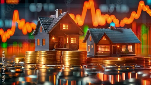 Two miniature houses with glowing windows on top of stacks of coins, against the backdrop of stock market charts and graphs in orange color, real estate concept
