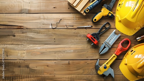 The concept of repair, building, and carpentry involves various work tools arranged on wooden