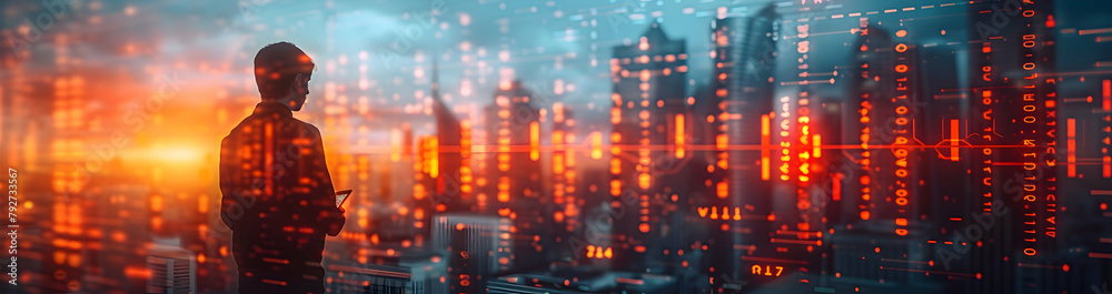 A double exposure of digital data and business people using mobile devices, symbolizing the integration between AI technology and real-time market. A double exposure of digital data and business people using mobile devices, symbolizing the integration between AI technology and real-time market.