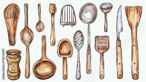 Hand drawn kitchen utensils. Colored graphic vector 