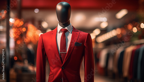 Classic Suit in red color in a Clothing Store Man casual expensive jacket suit mannequin in luxury store wallpaper background