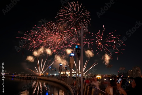 Dubai, United Arab Emirates – April 04, 2024, Dubai Festival Center DFC, Fireworks for celebrating of Ramadan