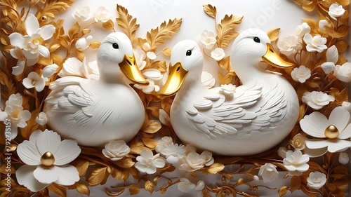 Elegant 3D design featuring a background of duck illustrations and a white and golden floral ornament. Interior Mural Wallpaper in 3D Abstraction for Home Wall Decor photo