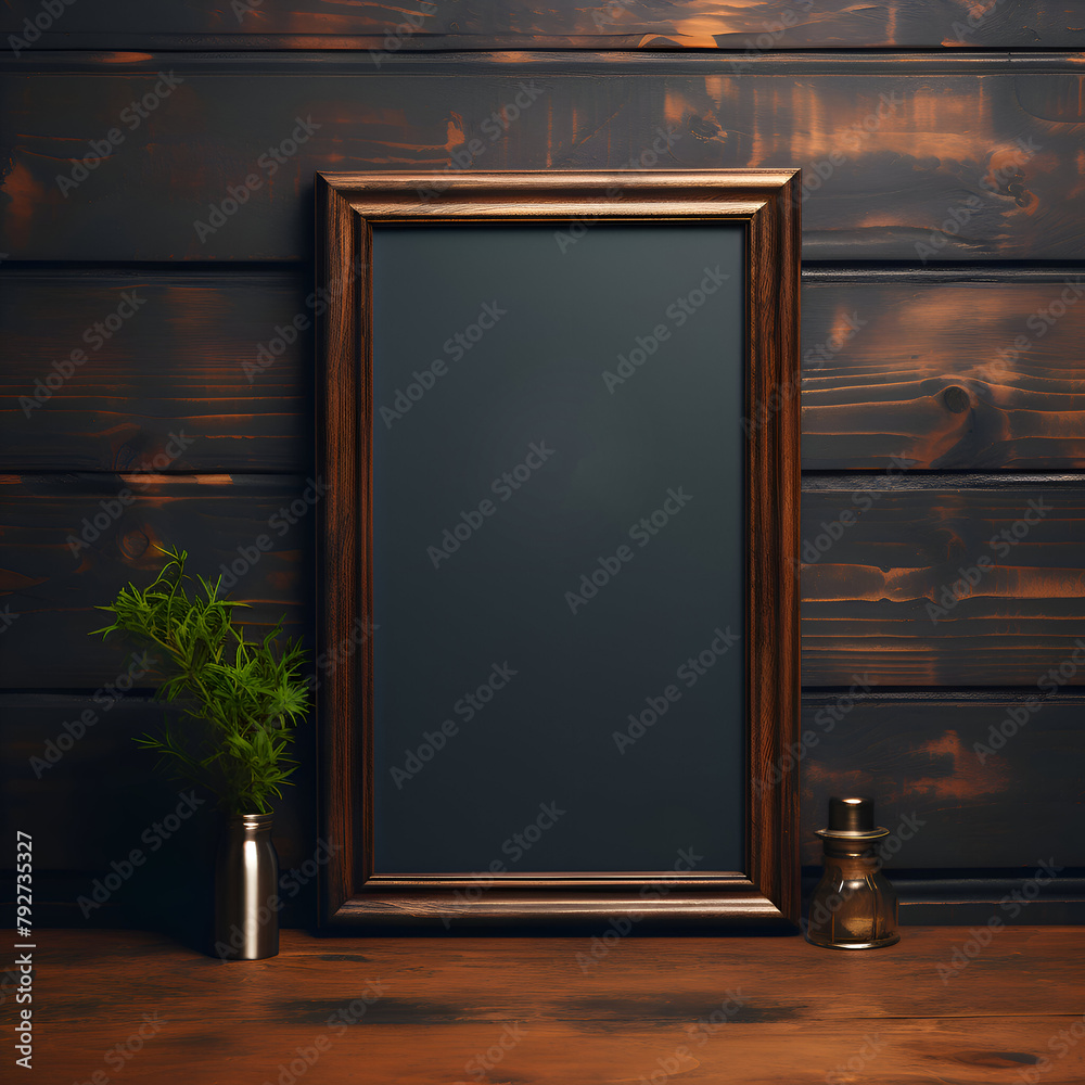 Black wooden frame mockup on a dark wooden background. 3d rendering