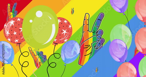 Image of rainbow hand with peace sign and colourful balloons on rainbow background