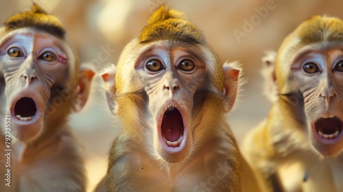 Three monkeys with open mouths yawning surprise