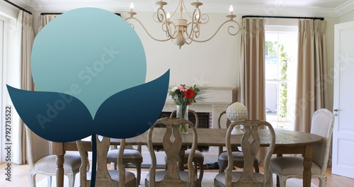 Image of blue flower illustration over elegant dining room interiors