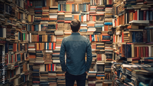 man in bookstore or library with stack of many books