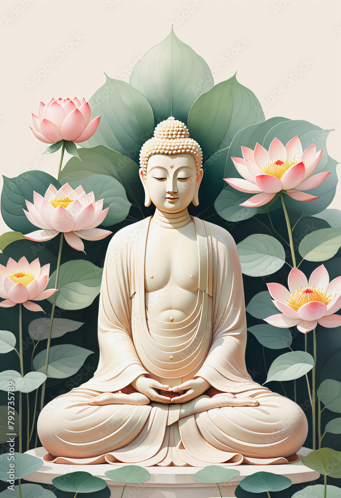 Buddha meditating among lotus flowers
