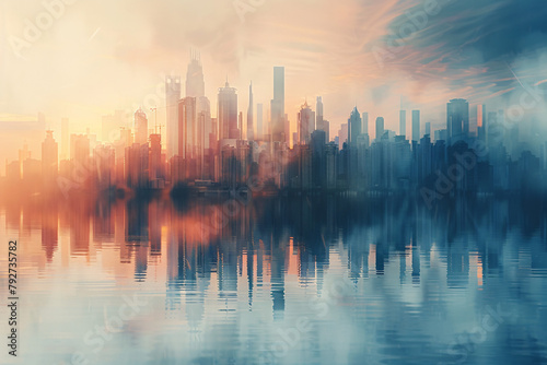 Reflective cityscape with vibrant sunrise colors
