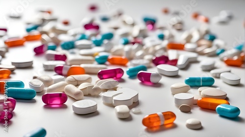 Addiction-related prescription pill fragments strewn on a white tabletop opioid crisis and epidemic analgesic benzodiazepines photo
