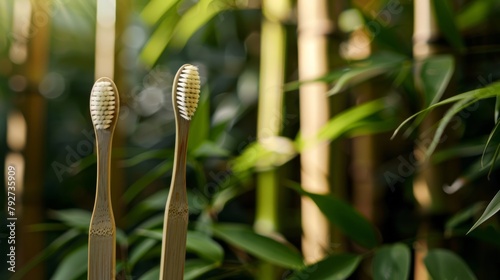 There is a bamboo toothbrush shown against a backdrop of green bamboo. © Emil