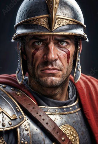 Roman soldier with his war armor and helmet on his head