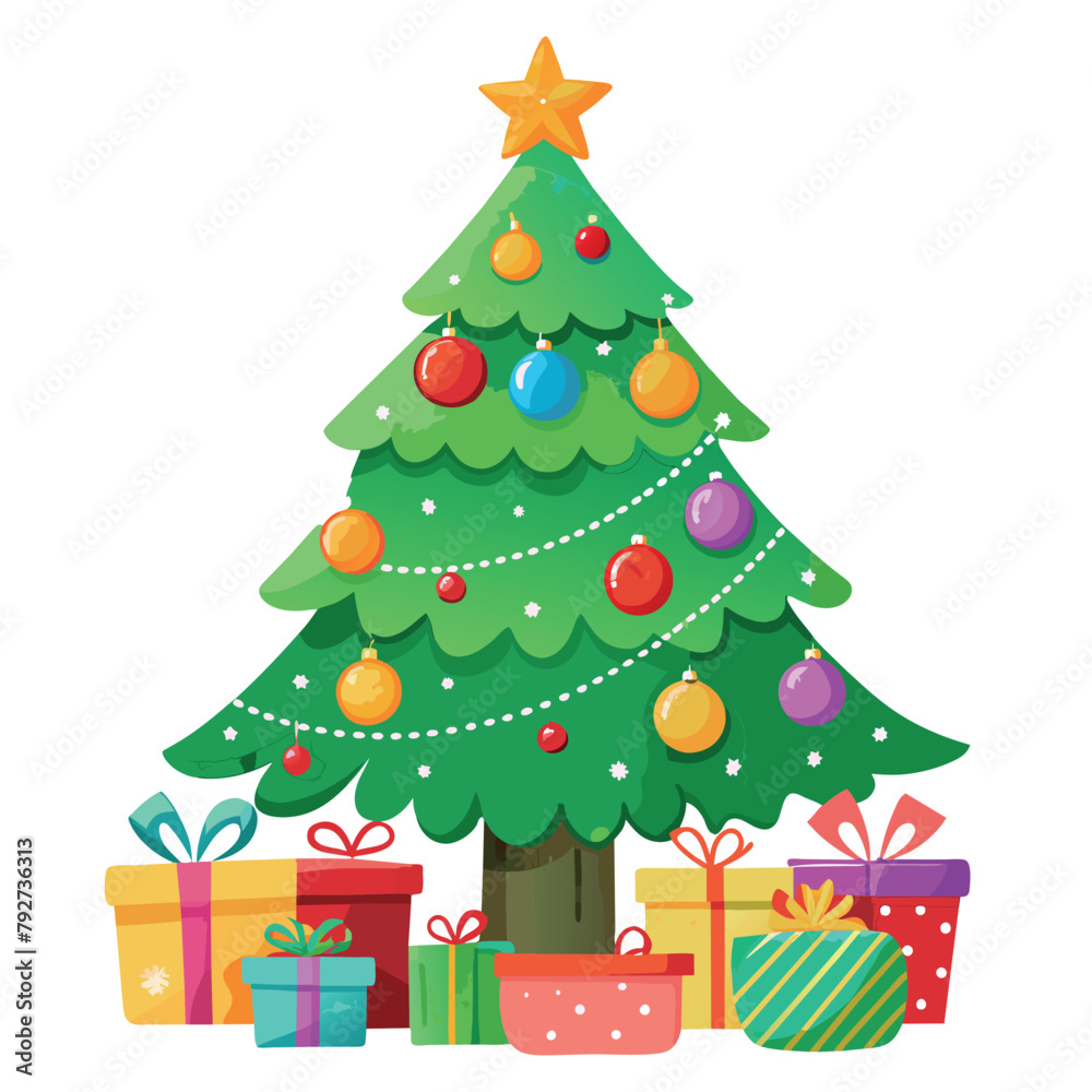 A Christmas tree with many ornaments and gifts underneath it. The tree is decorated with a star on top and a ribbon around the trunk A Christmas tree with many ornaments and gifts underneath it. The tree is decorated with a star on top and a ribbon around the trunk