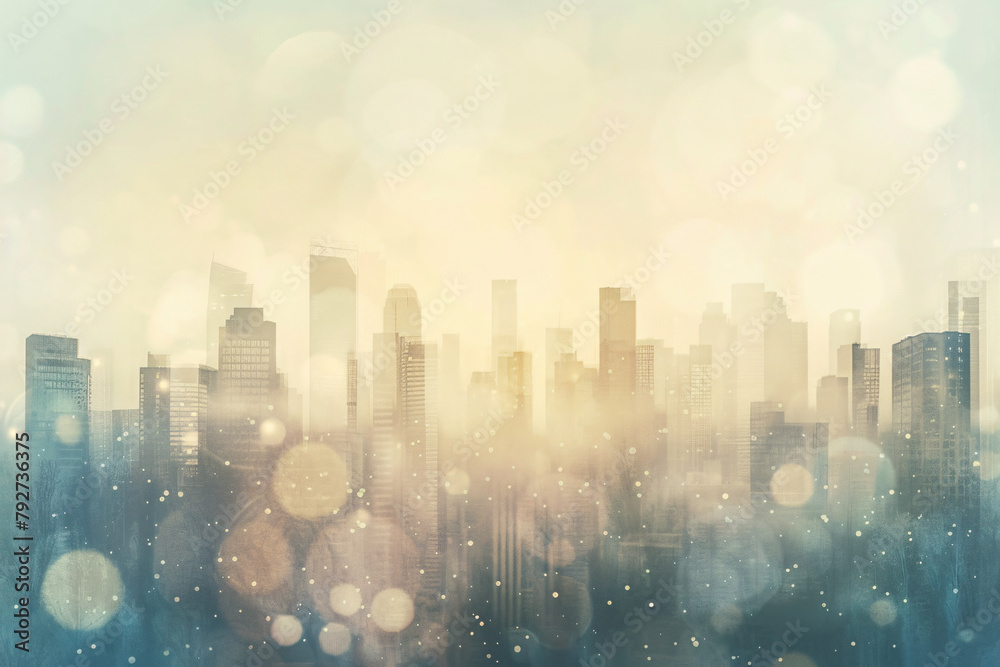 Cityscape with glowing bokeh effect at sunrise