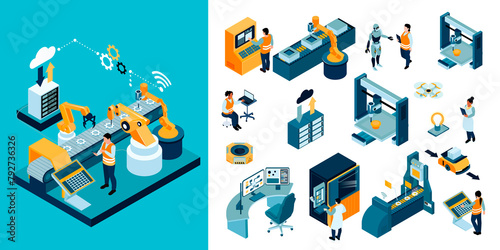 Isometric cartoon smart industry icons and illustration set