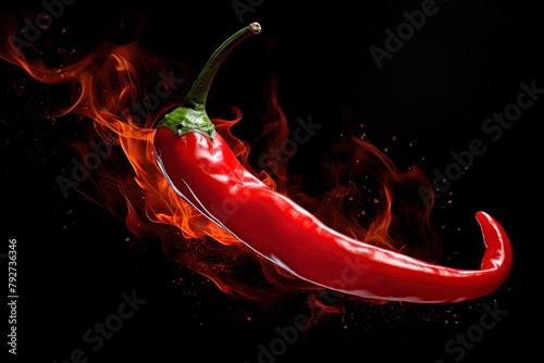 Red hot chilli pepper on fire over the dark background. Ai generative photo