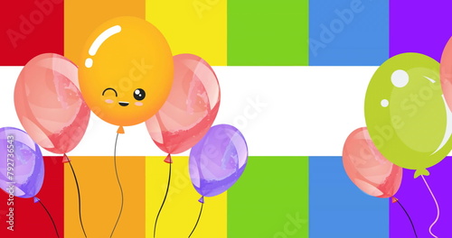 Image of happy orange balloon and colourful balloons on rainbow background