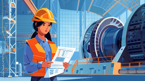 A woman engineer with a helmet is looking at a blueprint. She is wearing work clothes .Concept women engineers
