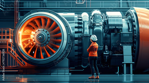 A woman stands in front of a gas turbine. She wears work clothes and a helmet. Concept women engineers