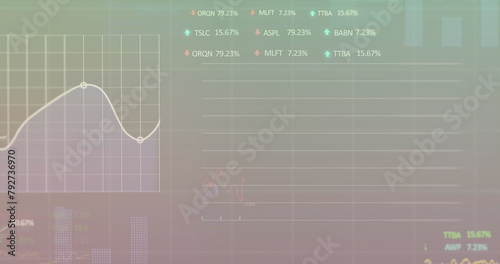 Image of statistical and stock market processing against green and pink gradient background
