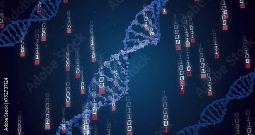 Image of dna strands and binary coding data processing