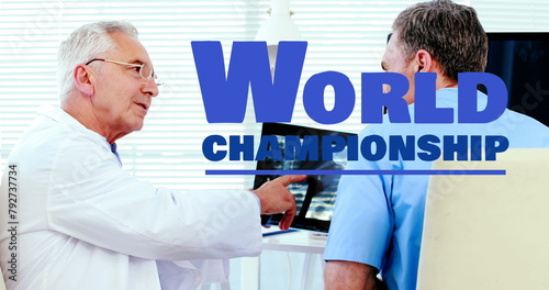 Image of world championship over caucasian senior male doctor talking with patient