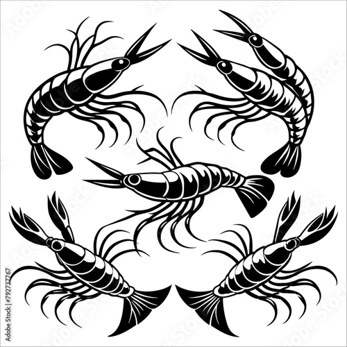 Vector prawn silhouette set design illustration, seafood, food, healthy, restaurant
