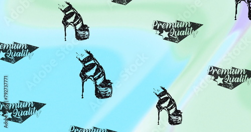 Image of black shoes and premium quality texts on colourful background