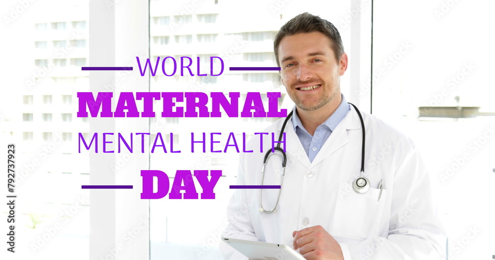 Image of world maternal mental health day over happy caucasian male doctor - obrazy, fototapety, plakaty 