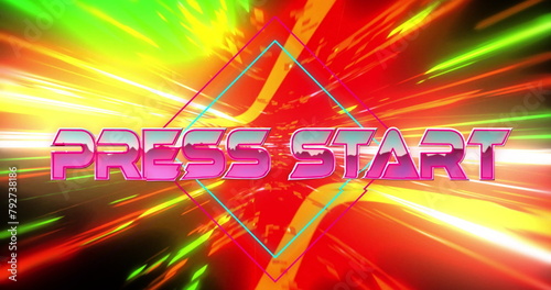 Image of press start text over colourful lights on black background