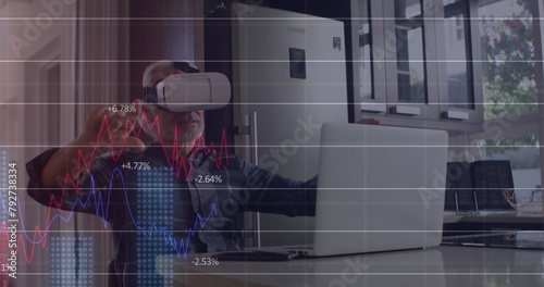 Image of financial data processing over caucasian man using vr headset