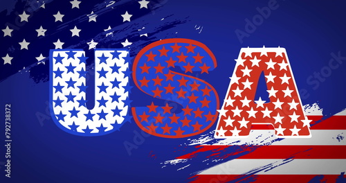 Image of usa text with stars over flag of usa on blue background