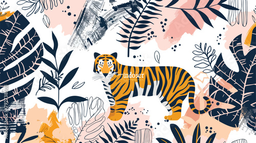 Hand drawn tropical jungle leaves tiger and Four shap