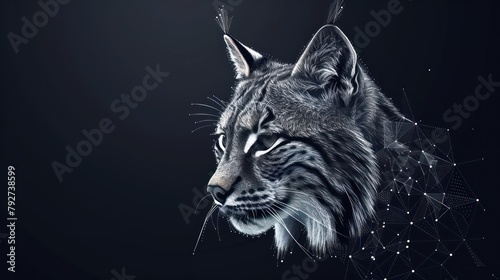Abstract polygonal lynx made of lines and dots isolated on blue background. AI generated photo