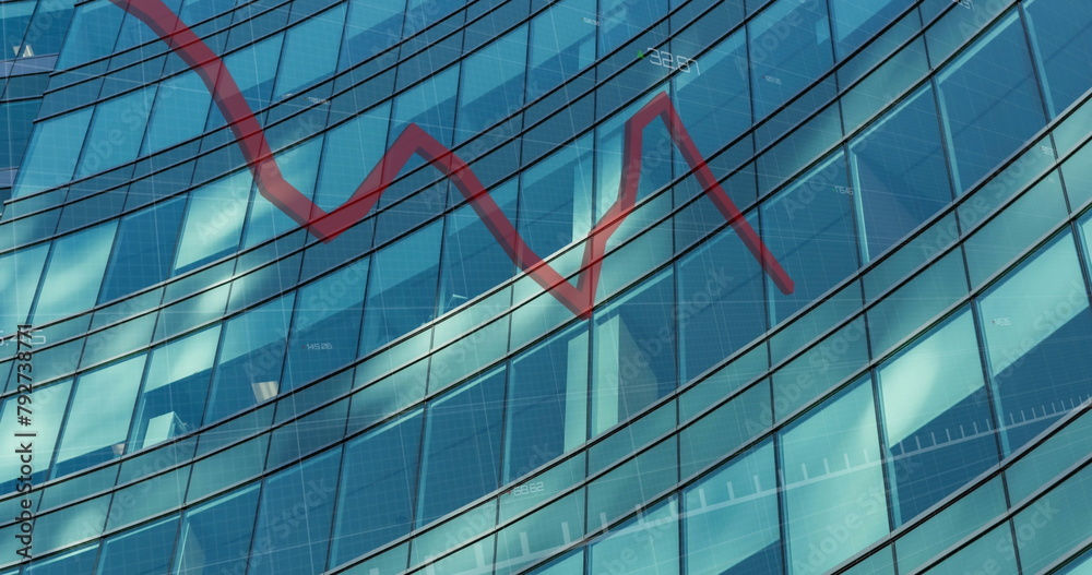 Obraz premium Image of red line, financial data processing over modern office building