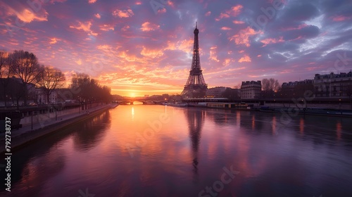 Eiffel Tower by the river at sunset © Jing
