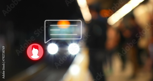 Image of neon profile and message icon against a train arriving at a station
