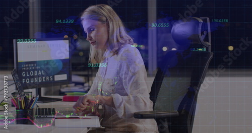 Image of data processing over caucasian businesswoman using computer