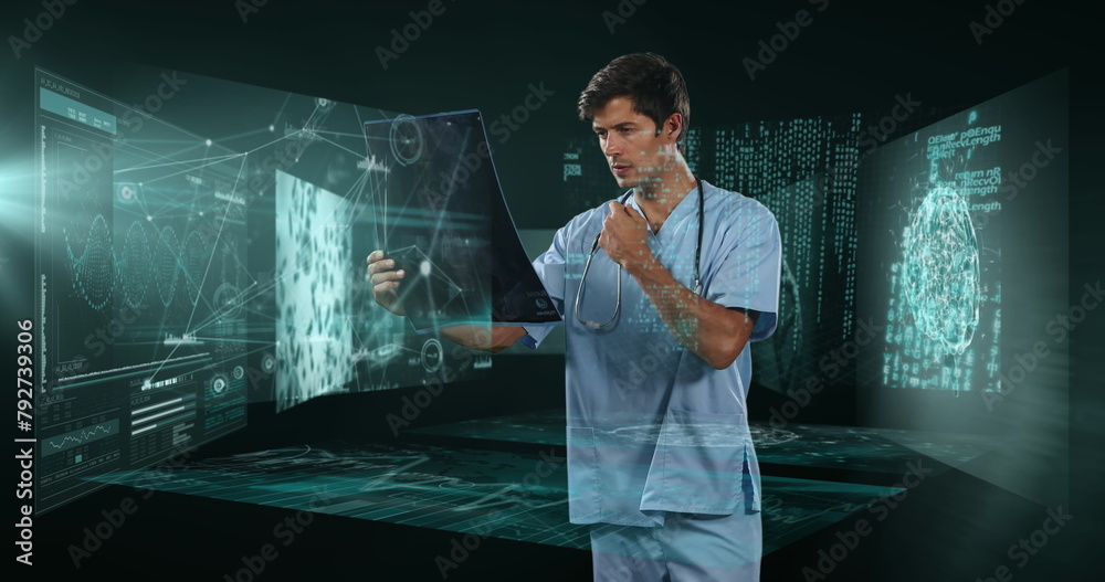 Fototapeta premium Image of biracial male doctor over data processing