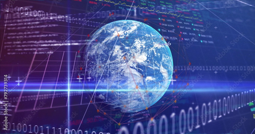 Naklejka premium Image of financial data processing and binary coding over globe