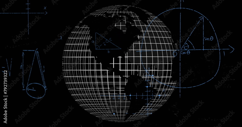 Fototapeta premium Image of mathematical data processing over globe on black background