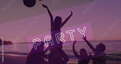 Image of neon party text in over smiling friends dancing at beach party