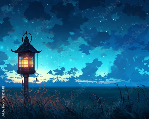 Lantern Light A 2D cartoonstyle image of an electric blue lantern illuminating the field on a dark night, casting a warm glow against the backdrop of the cloudy sky and distant horizon, in a Japanese 