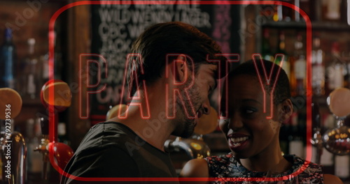 Image of neon party text in red frame over biracial couple chatting in bar
