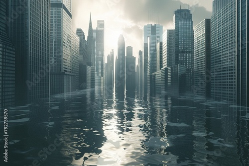 Rising Tides: Futuristic Metropolis Engulfed by Climate Chaos,Submerged Skyscrapers: A Haunting Vision of Climate Crisis  photo