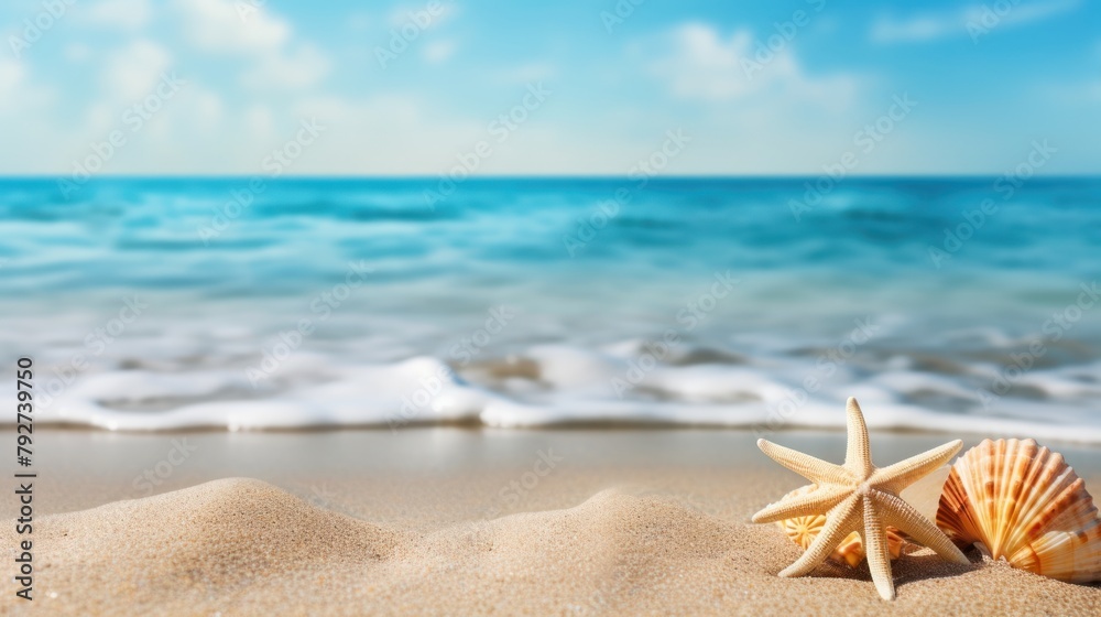 Beautiful beach with starfish and shells on white sand, blurred blue sea in the background. summer vacation concept. - obrazy, fototapety, plakaty 