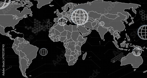 Image of globe icons over world map on black background