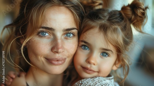 Smiling Mother Embracing Adorable Little Daughter, Looking at the Camera